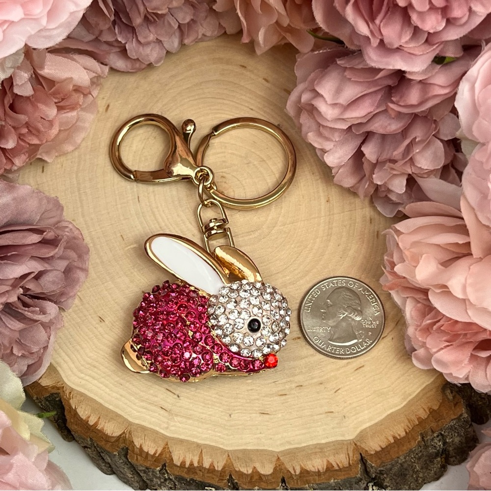 Hot Pink and Silver Crystal Bunny Rabbit Keychain Charm - Picture 13 of 14